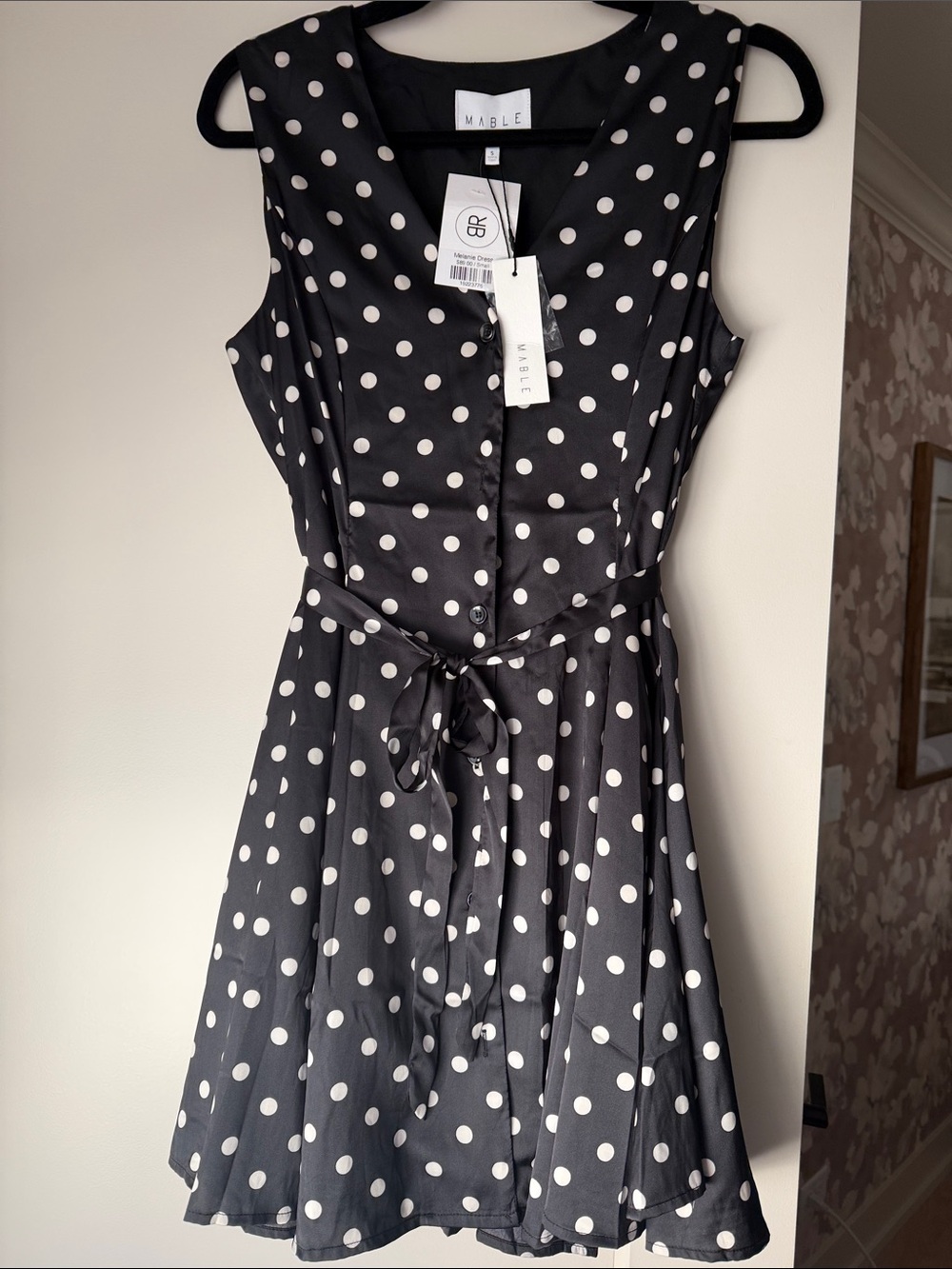 NWT MABLE Black with White Polka Dot Sleeveless Tie-Waist Dress
